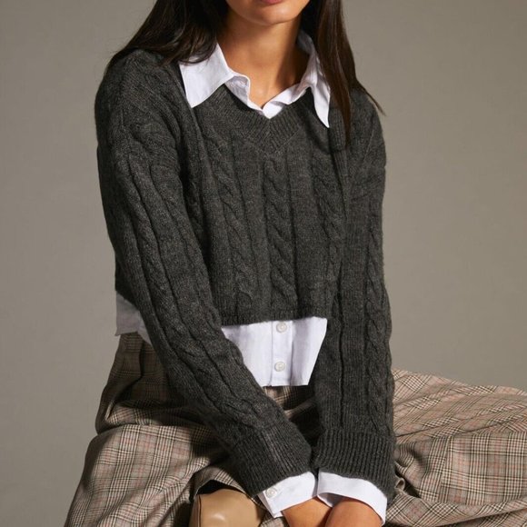 Anthropologie Pilcro XL NWT Cropped Cable-Knit Twofer Sweater Gray White New